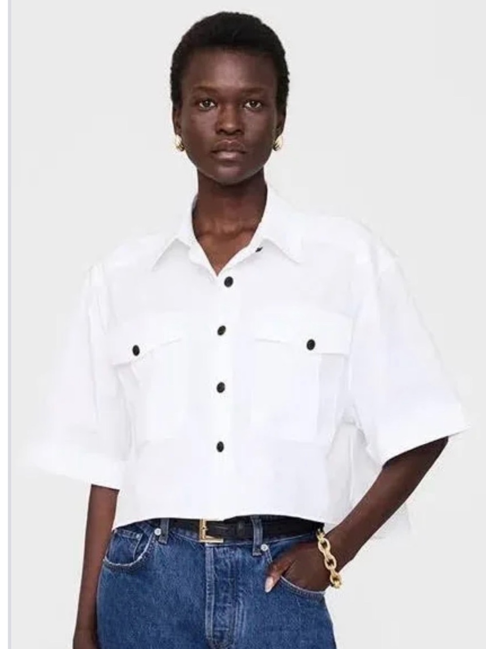 Anine Bing White Short-Sleeve Button Down Shirt with Black Buttons